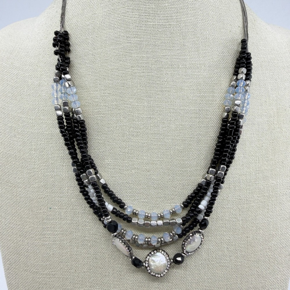 Multi-Strand Layered Statement Necklace Black White Iridescent Boho Chic Jewelry